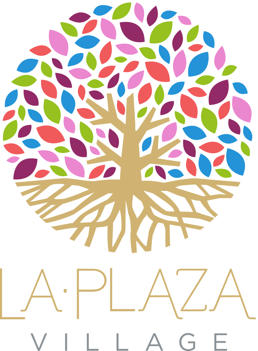 A logo with a tree and the words "La Plaza Village" in front of it.